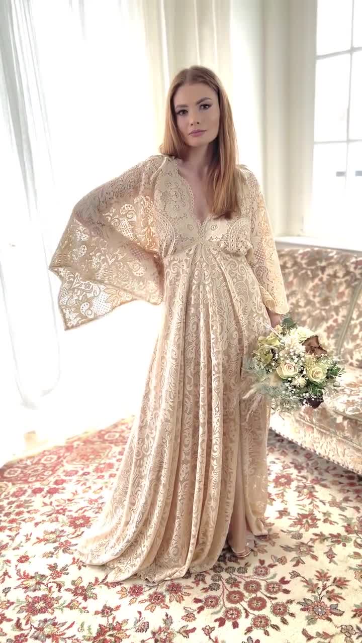 boho kimono wedding dress WEDDING DRESS , Kimono Sleeves Bohemian Style Bridal Dress With Lace Detail  on Shoulder. Comfortable, Romantic and Simple Wedding Dress
