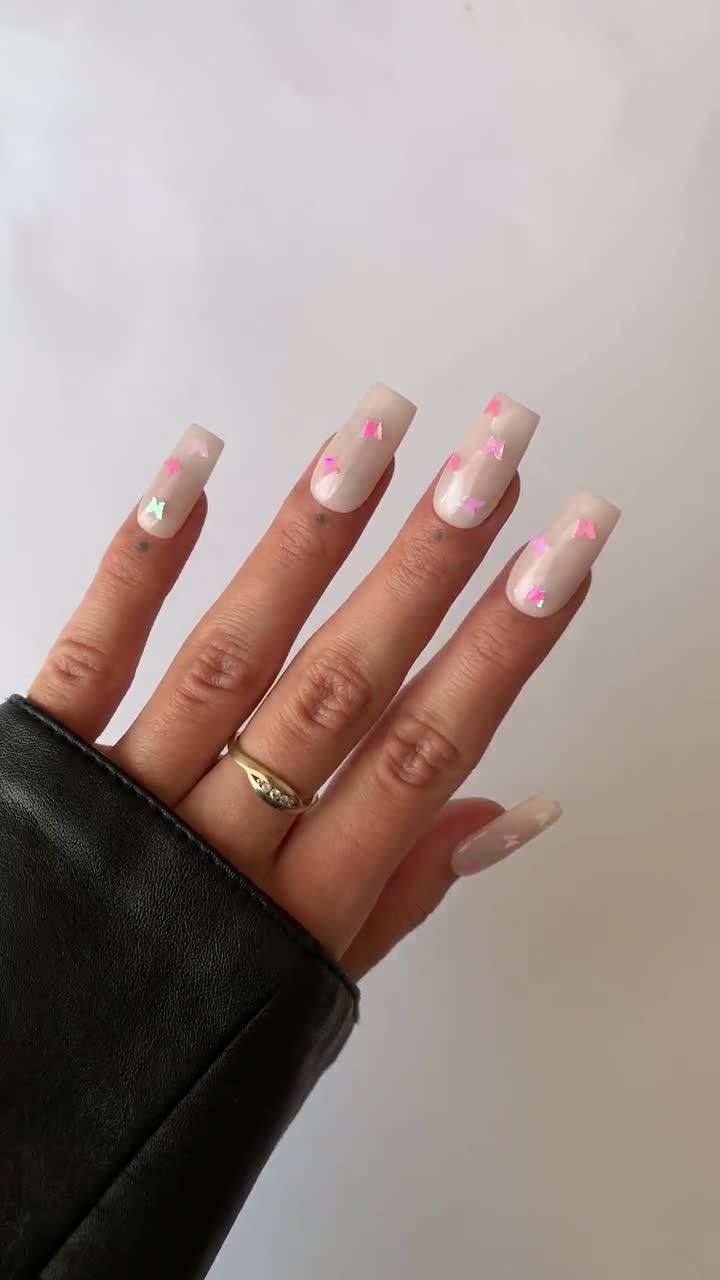 Press On Nails With Pink Butterflies | Cute Nail Design | Hand Painted  Nails | Pastel Pink Nail Art | Glue Nails | Fake Nails | Stick On