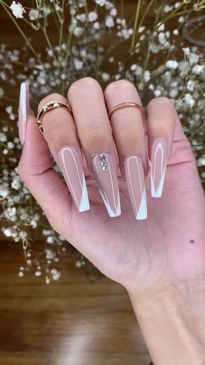 Nude Coffin Press on Nails With Glitter Shine Cute Press on