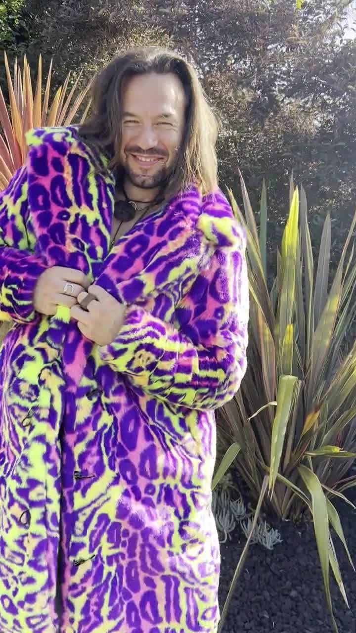 Men's Faux Fur Collared Coat, Multi Color Neon Cheetah Fake Fur