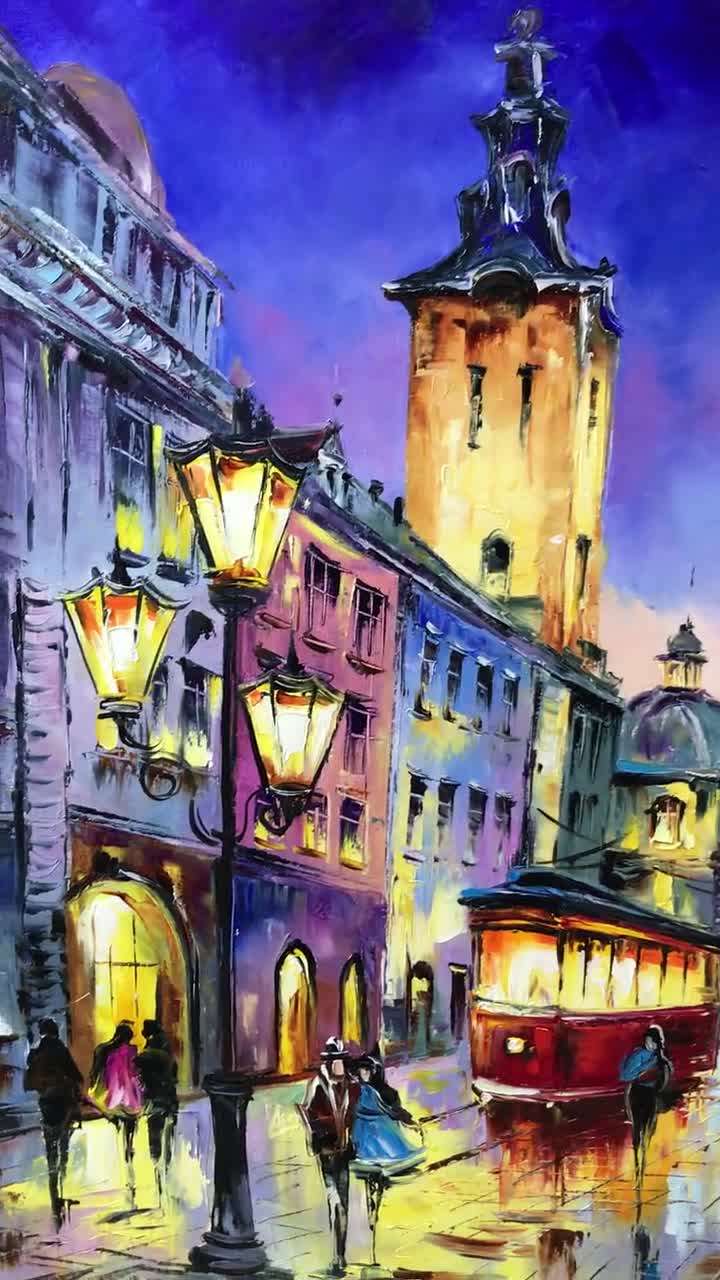 夜の街の油絵 オリジナルの街の風景画 都市景観アート 街の明かりの壁