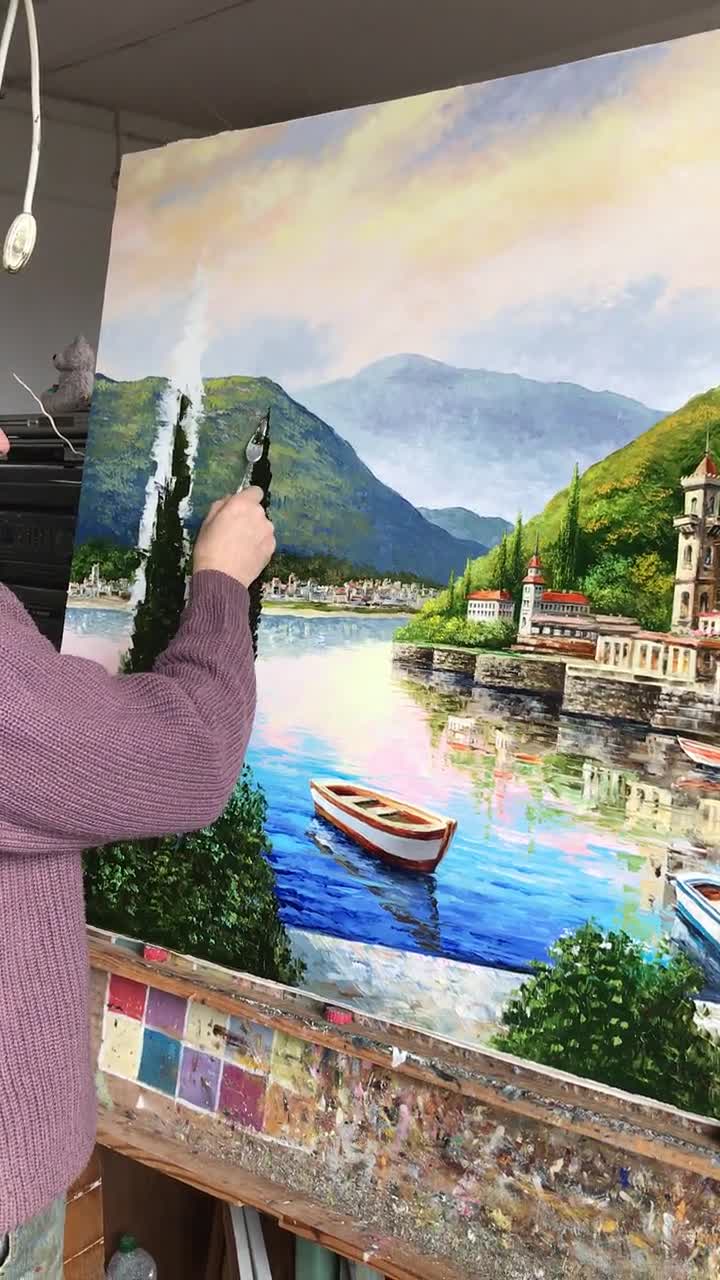 コモ湖の油絵 オリジナルイタリア風景画 キャンバス イタリアアート