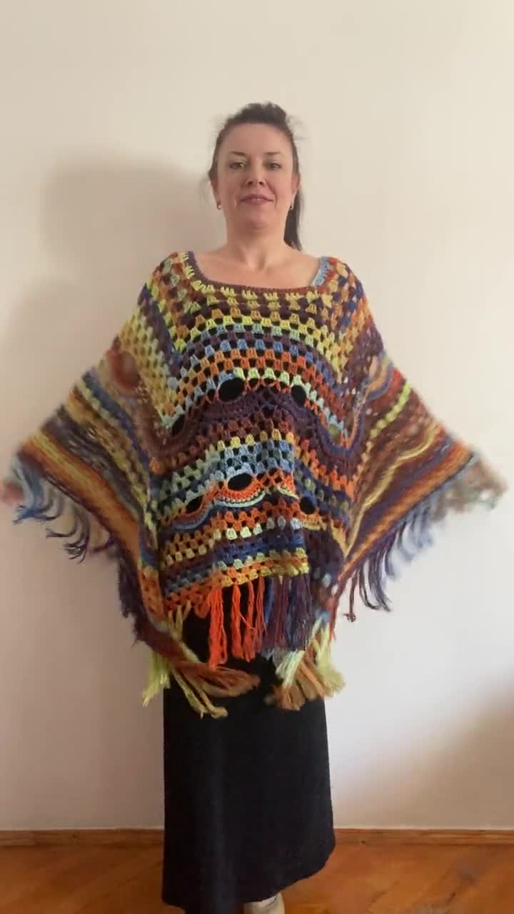 Handmade buy heavy poncho fringe wood button Winter One Size Multicolor Wool Cotton