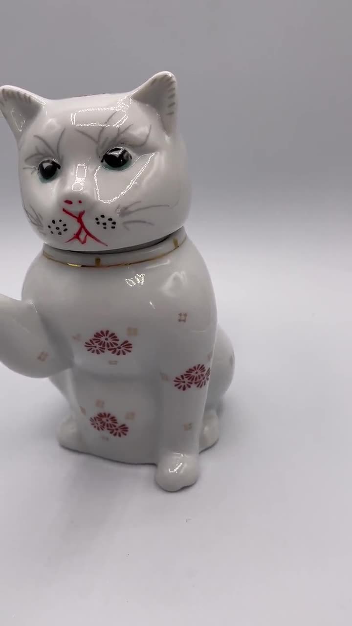 ヴィンテージ猫型ティーポット - 台湾製、取り外し可能な蓋、欠けや
