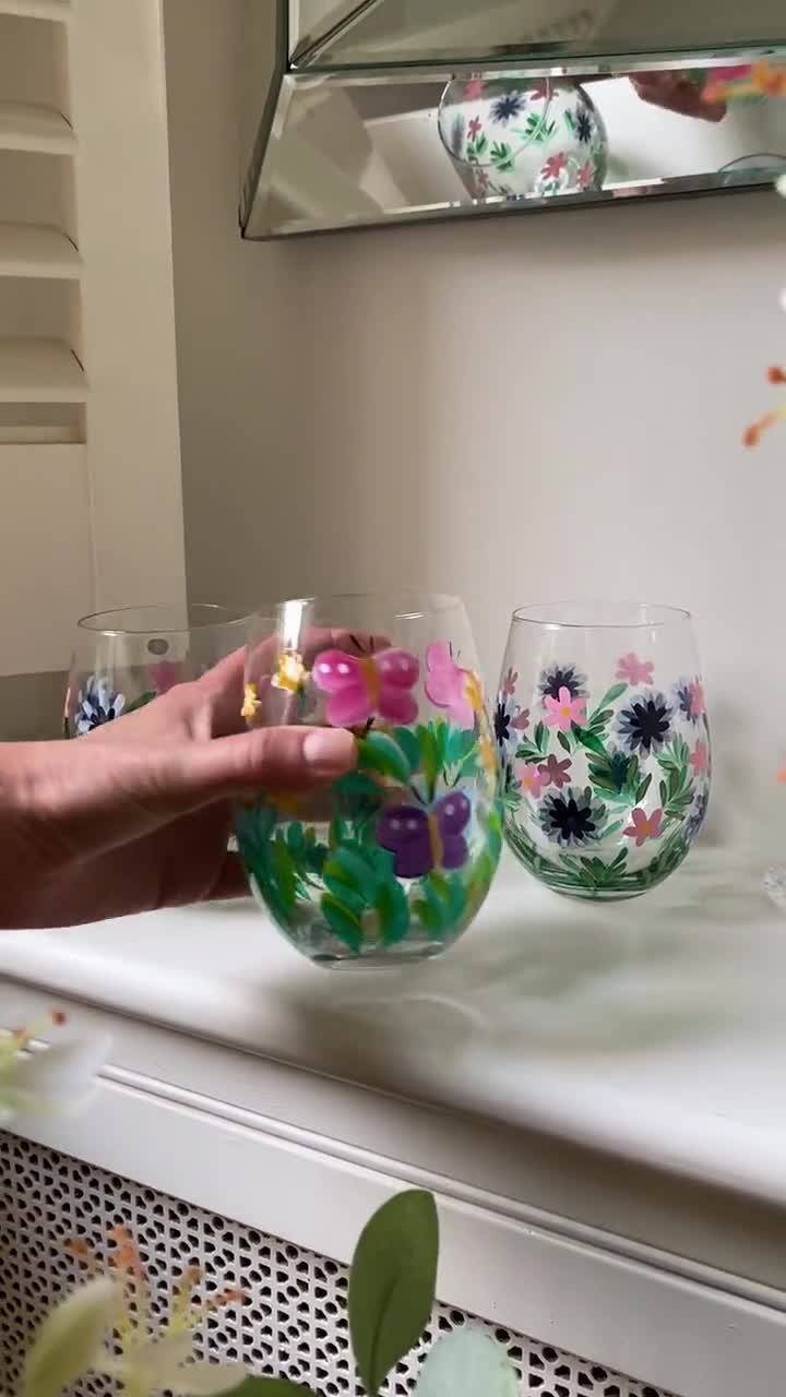 Hand Painted Flower Glass Tumblers Celebration Glasses water Glasses-pretty  Glasses Flowers 