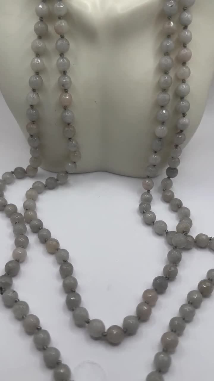 Vintage Gray Chalcedony Jumprope Necklace: Minimalist Long Beaded