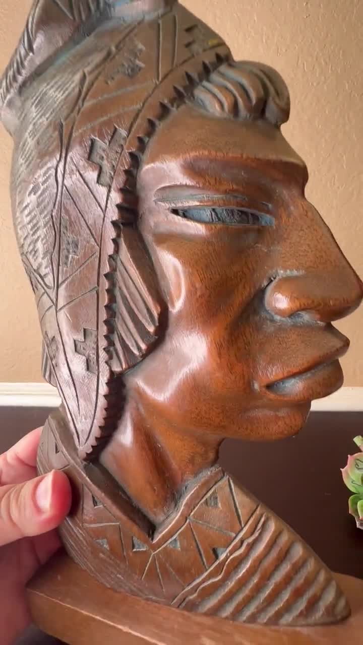 Vintage 1960's Wood Carving of Bolivian Warrior, Portrait Bust