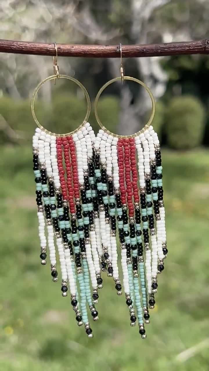 Beaded Fringe Earrings in Black, Blue, Burgundy White With Black