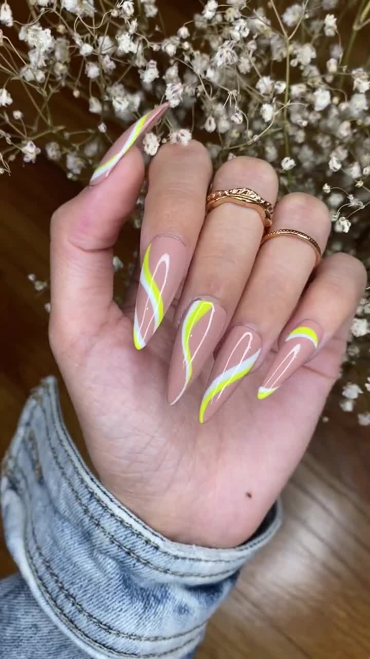 Nude Abstract Nail Design - White and Yellow lines