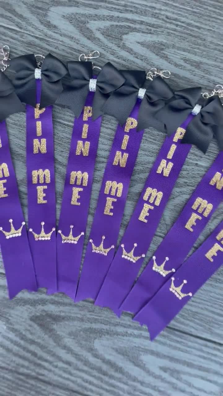 Pin Me Ribbon, Purple and Gold Pin Me Ribbons, Cheerleader Ribbons, Bookbag  Accessories, Cheer Accessories, Black Bows, Rhinestone Bow 