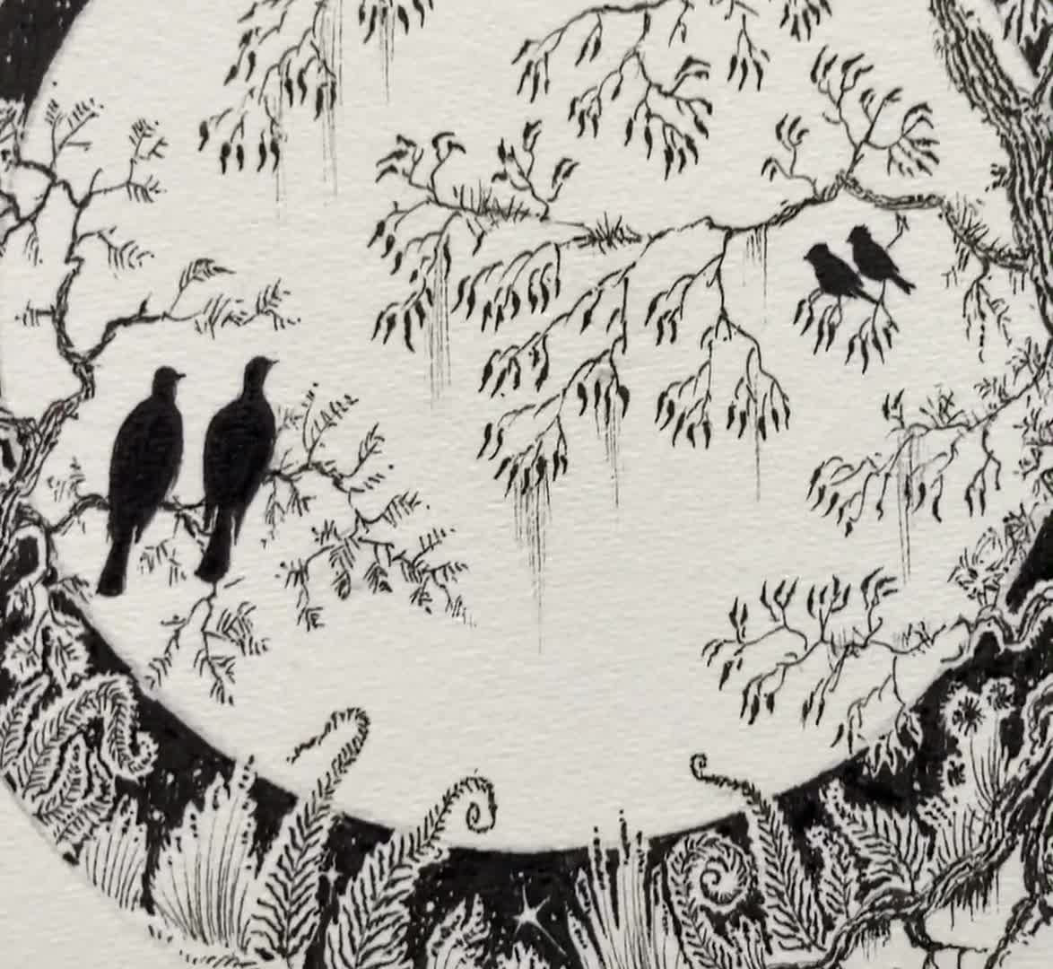 Bird Silhouette Circle Art Print, Pen and Ink Moon & Stars video poster