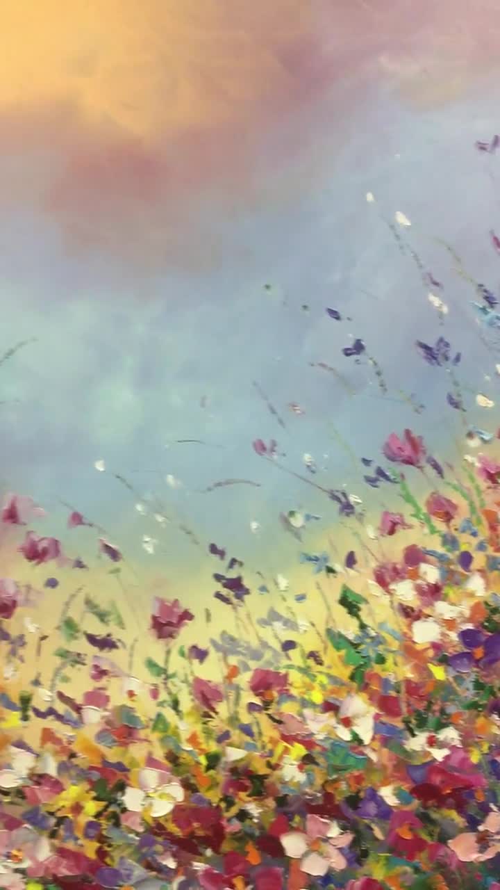 抽象的な野の花のオリジナル絵画、花畑のアート、屋外絵画、キャンバス