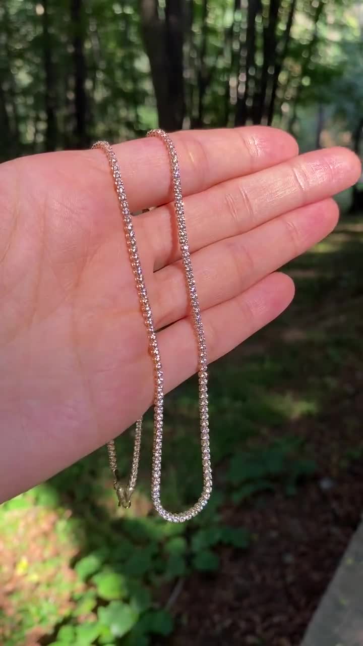 Tennis Chain Necklace Solid 14k Yellow Gold 2.1mm Round Cut