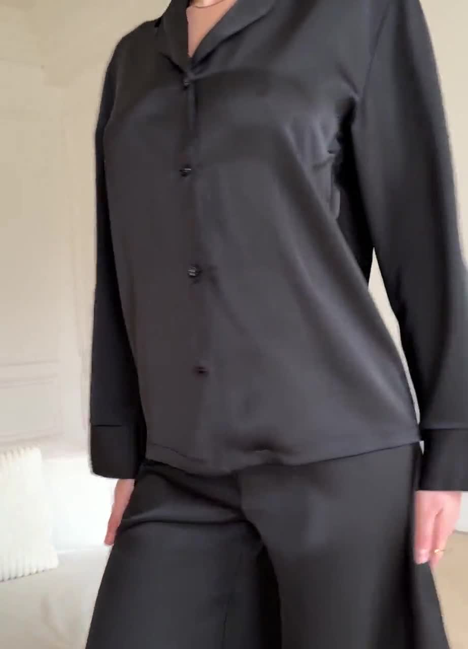 Black Polyester Pajama Set | Button Up Shirt & Wide Leg Pants | Janet women's pajama video poster