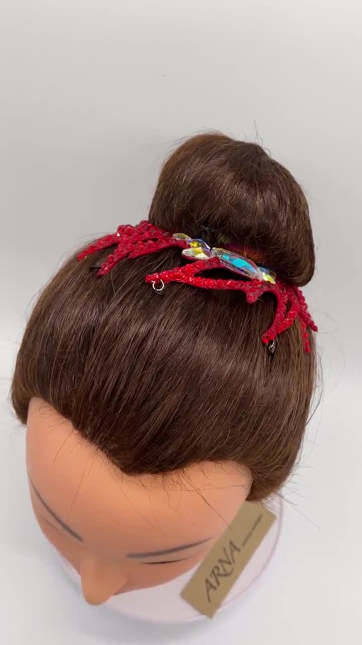 Ballroom Rhinestones Hairpiece. Dance Hair Accessories. Hair Jewelry.  Gymnastics Crown. Red and Crystal AB Headpiece. Ice Skating Hairpiece. 