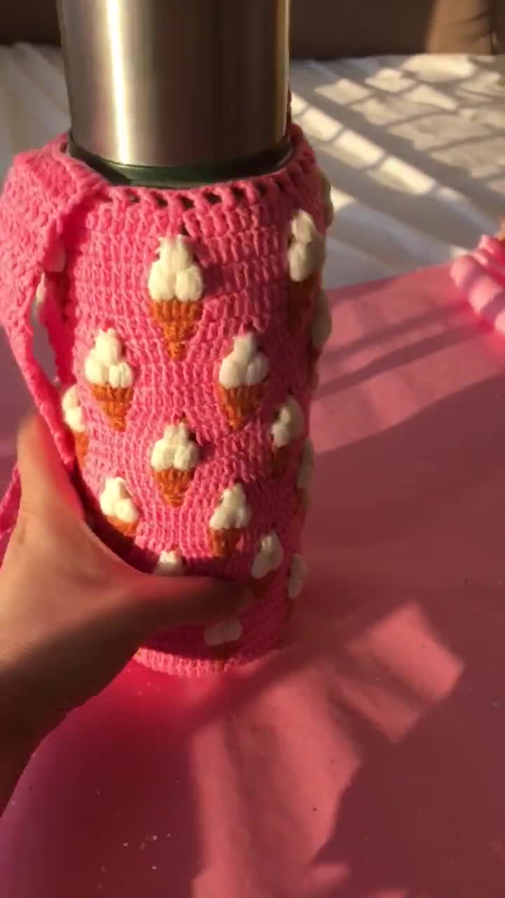 Icecream Crochet Water Bottle Holder Pink Thermos Carrier Shoulder Bag  Unique Personalized Gift for Her Beige Mug Chapstick Cozy Hydro Flask 