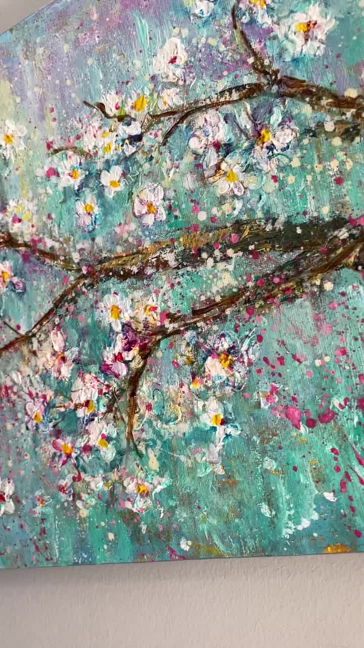 白い桜の絵画、桜の花、オリジナル絵画ウォールアートキャンバス