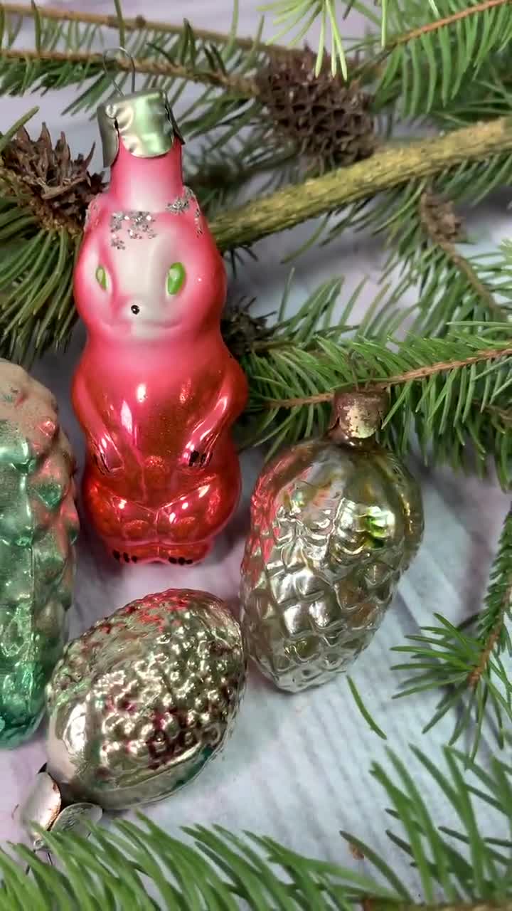 ヴィンテージガラスクリスマスオーナメント4個セット、ソビエト時代の
