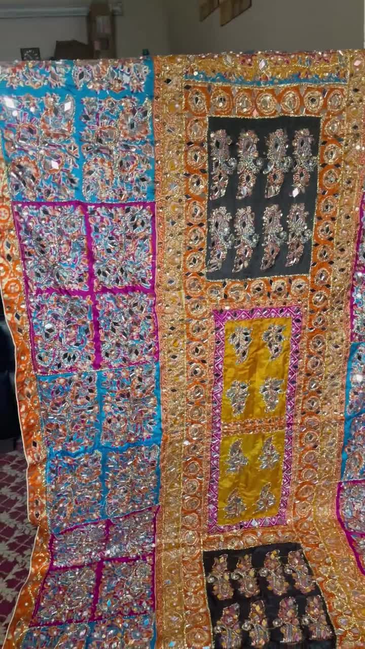 New Indian Pakistan Bridal Designer Dupatta,shamoz Silk Phulkari With REAL  MIRROR & Bells/phulkari Dupatta/multicolored Dupatta Shamoz Silk 