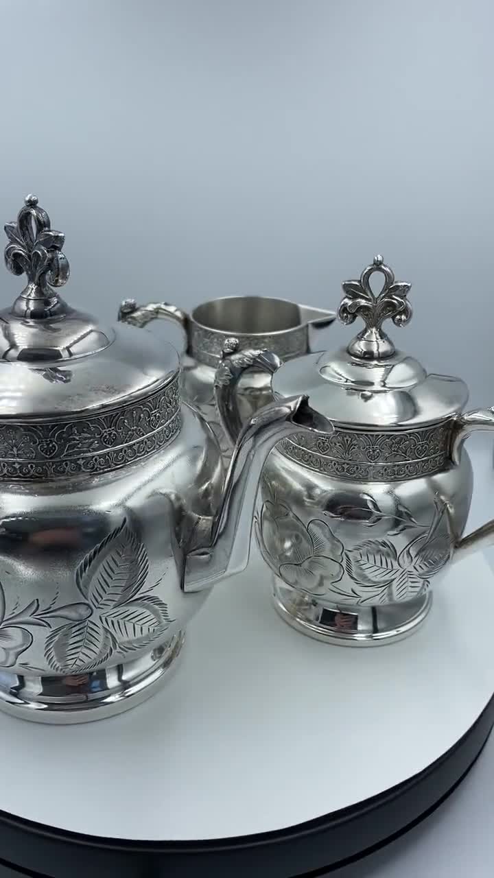 Victorian Silver Plated Tea Set, J A Babcock, Etched Floral Design