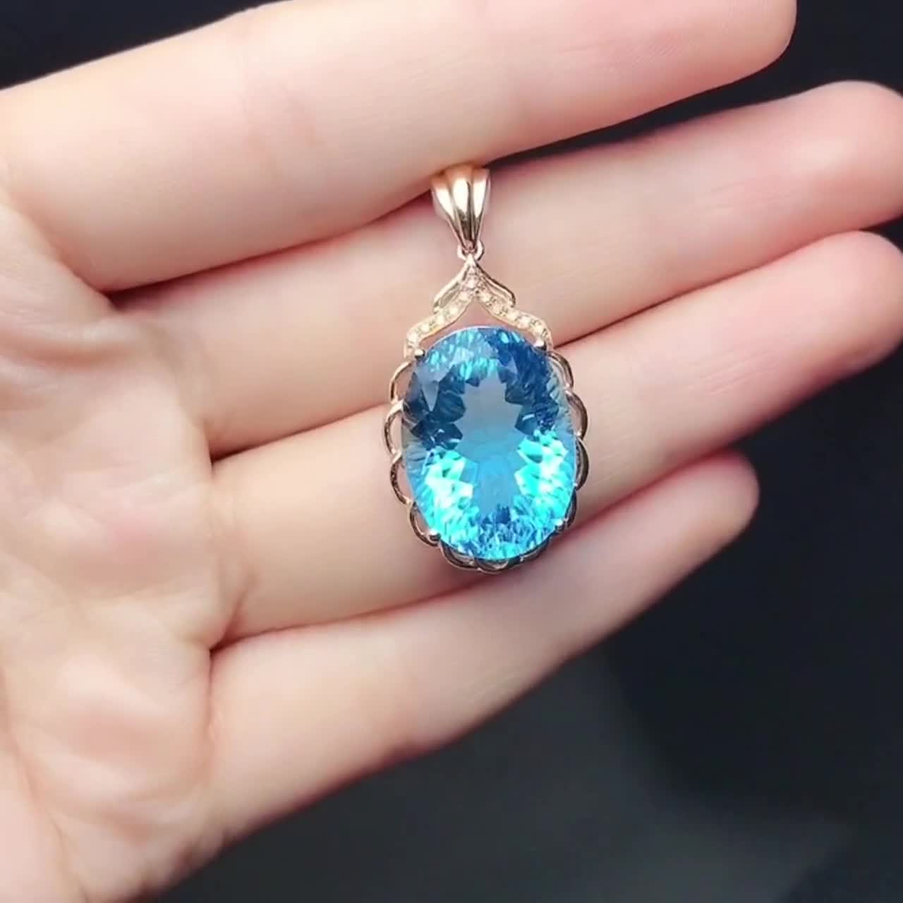 18k Rose Gold Swiss Blue Topaz Pendant: Oval Birthstone Necklace