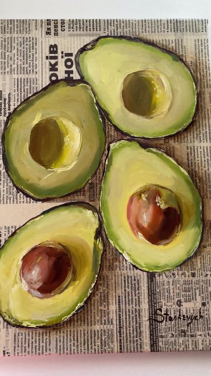 アボカドの壁アート アボカドの絵画 オリジナルの油絵 食べ物の