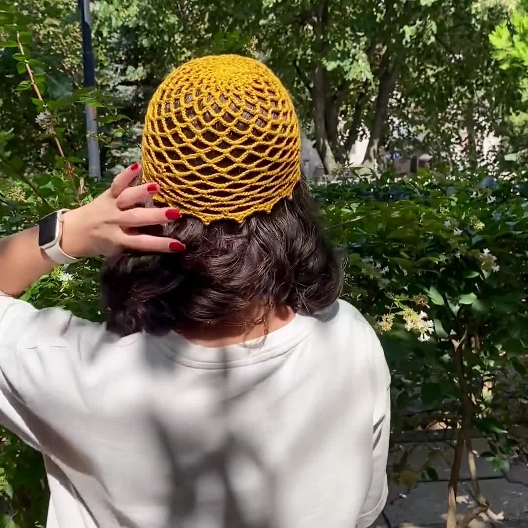 Y2K Retro Cotton Mesh Hat: Handmade Fishnet Beanie, 90s Open Weave