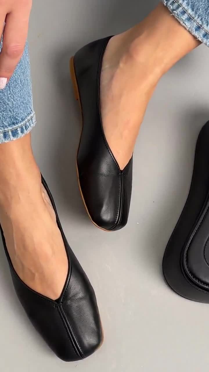 Leather Ballet Flats for Women, Square Toe Flat Shoes, Minimalist