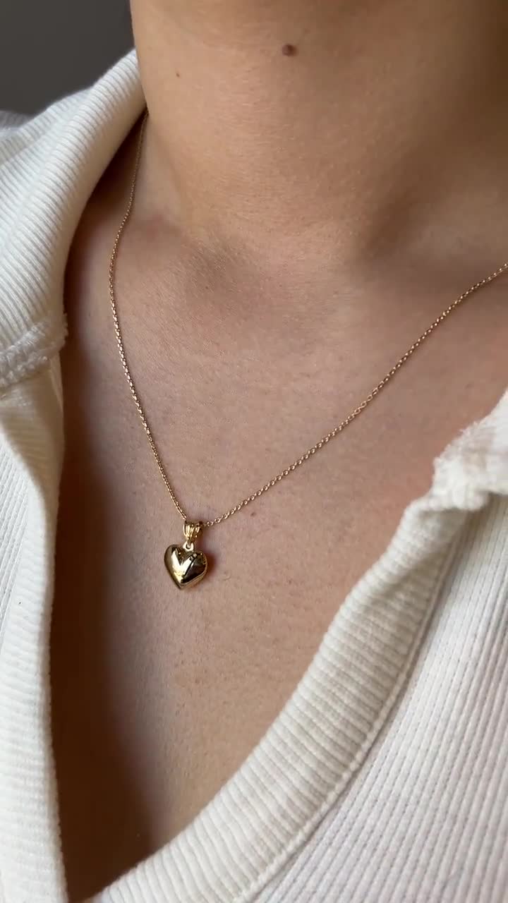 14K Gold 3D Heart Necklace, Real Gold, Mini Heart Pendant, Love
