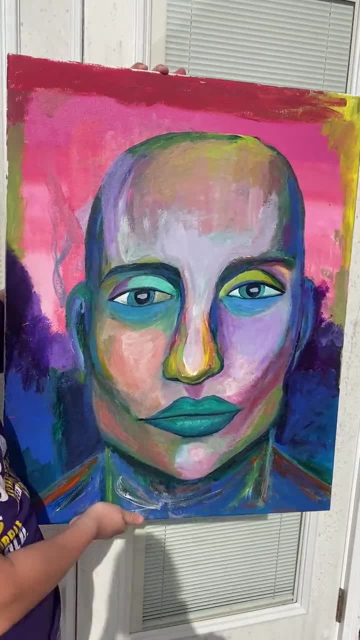 絵画 額装 （アクリル画）抽象画 22x28 ギャラリーラップキャンバスに描かれた鮮やかな抽象フェイス