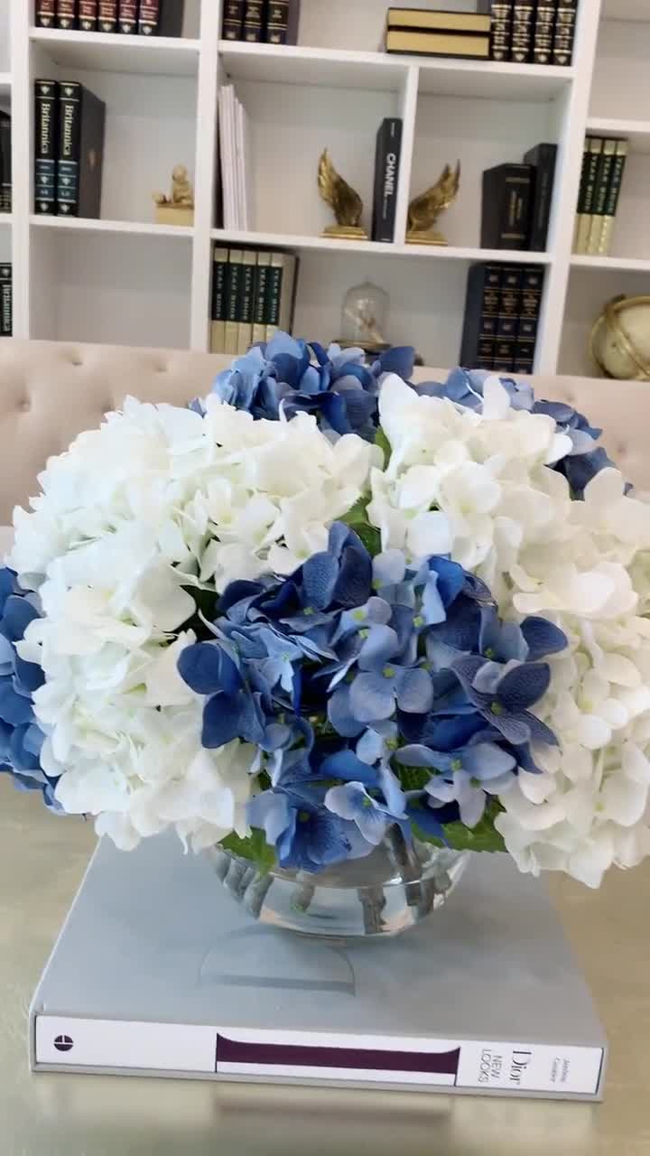 Real Touch Blue Hydrangea Arrangement in Glass Vase, French