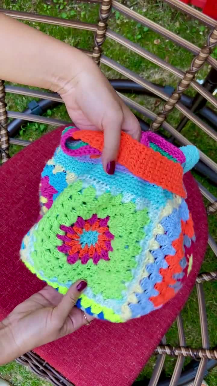 Granny Square Large Bucket Bag With Tassel Multicolor 
