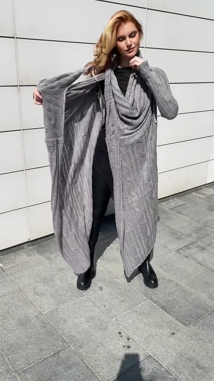 メリノウールロングカーディガン：チャンキーニットラップコート