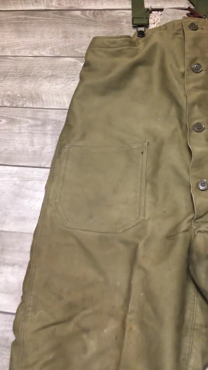Vintage 40s WW2 WWII US Navy Tanker Bibs Overall Pants Olive Green