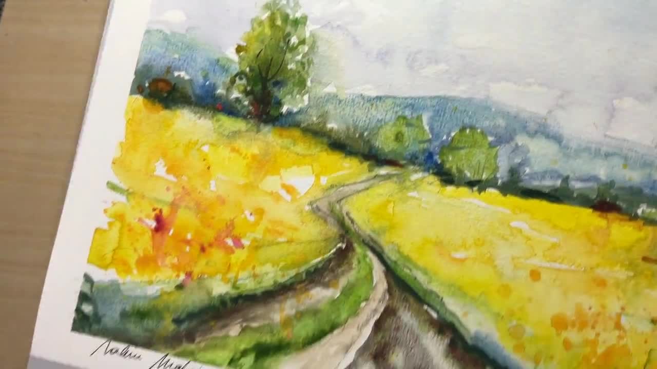 オリジナルの水彩画で描かれた春の田園風景、明るい菜種畑とハイキング