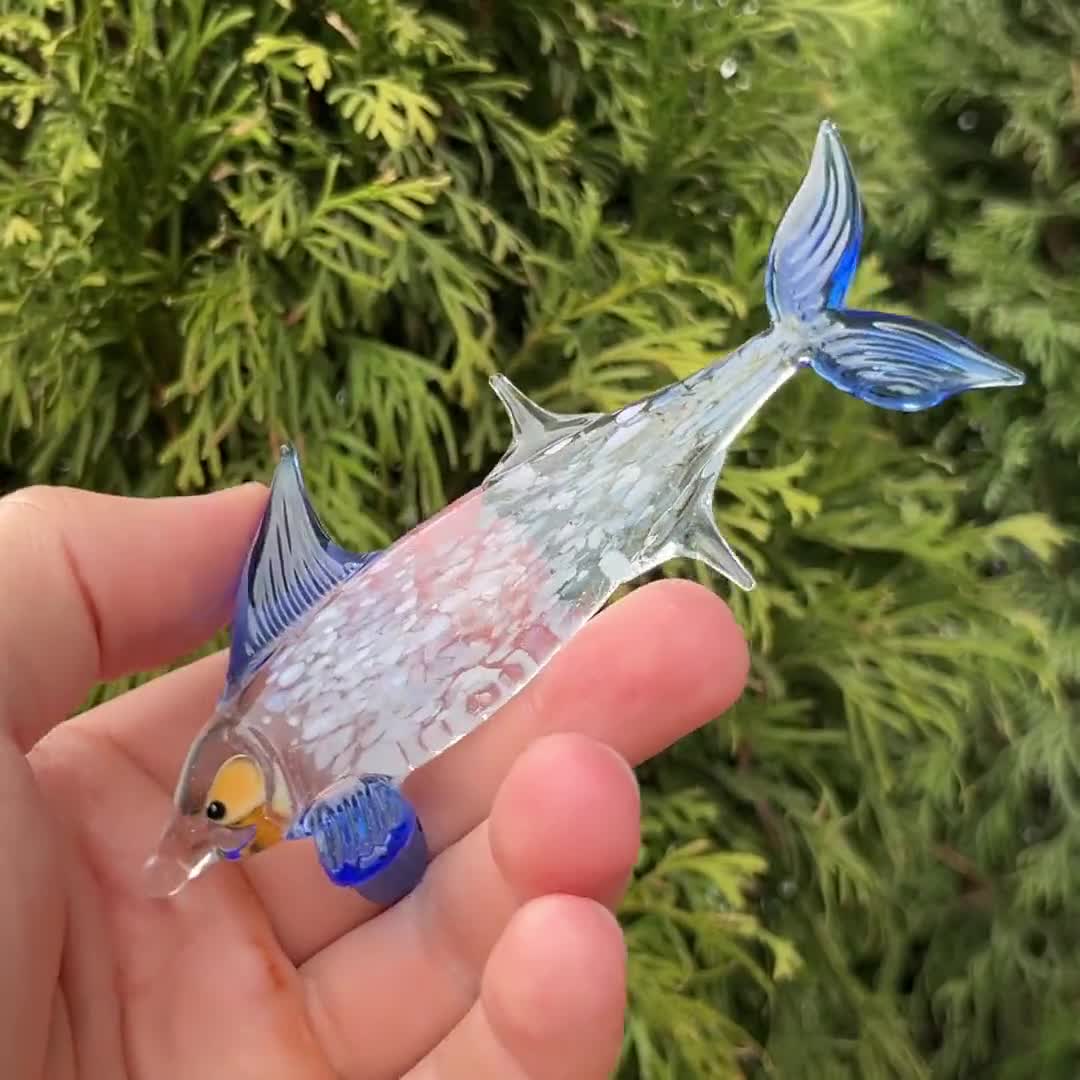 青いガラスの魚の置物 - ミニチュアアートガラス彫刻 - ムラーノ