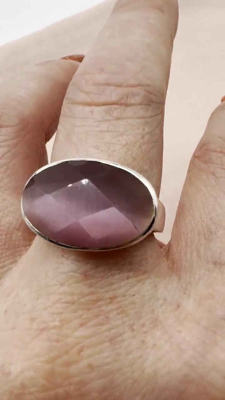 Stunning cheapest Amethyst east west ring. This size 8 silver ring has a checkerboard cut oval Amethyst set east to west. Half bezel set. Mark 8 925