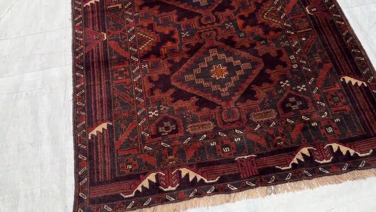 1910年代のアフガン・バルーチ族のラグ 4 x 7フィート：部族の幾何学