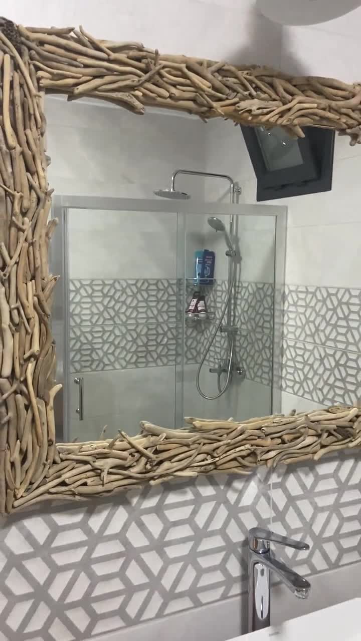 Espejo de pared único decoración estilo playa grande, marco de madera de  espejo de madera a