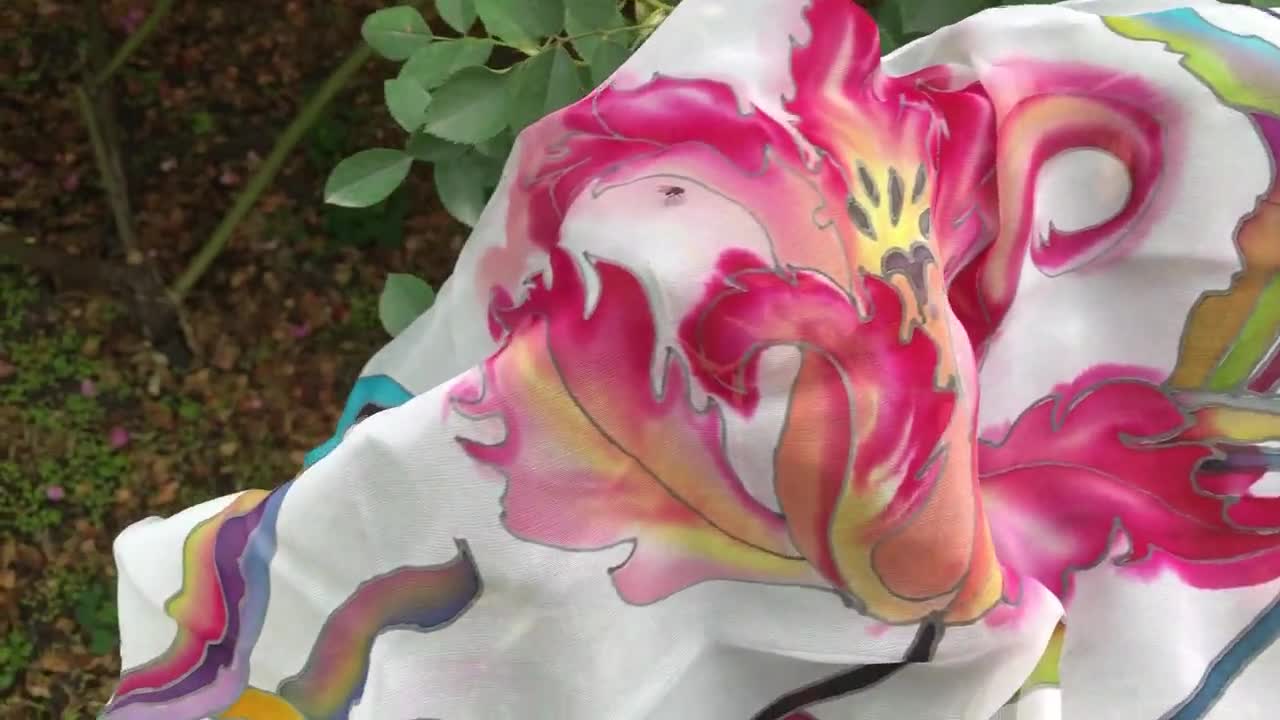 Silk Scarf hand painted Art Nouveau Elegance floral design in wine red 2024 and pink on silver gray