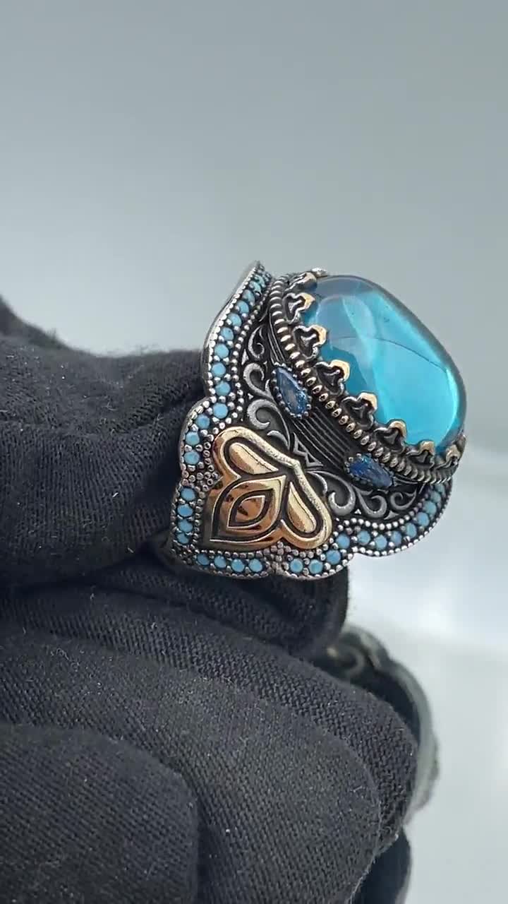 Blue Yemeni Aqeeq Stone Silver Men Ring, 925 Sterling Silver