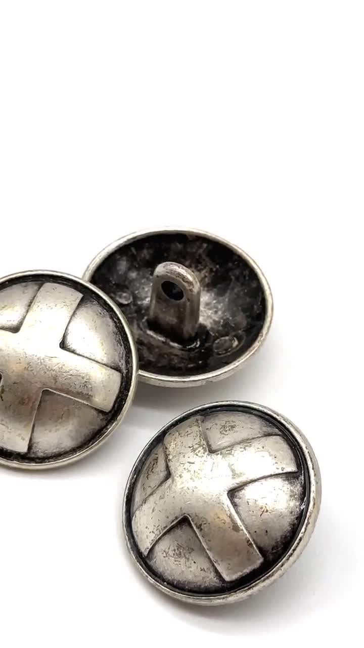 6 Vintage Cross X Design Shank Buttons | Antique Silver