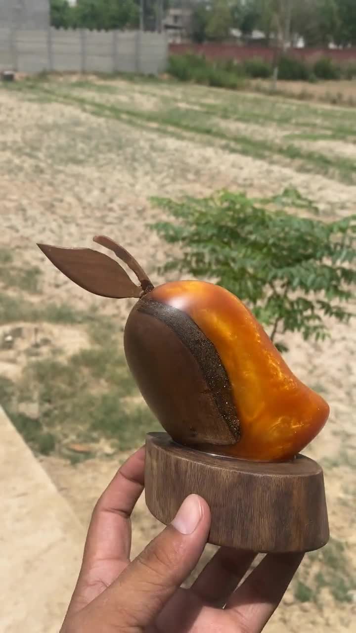 Handmade Mango Sculpture | Resin & Wood Fruit Art | Unique Desk