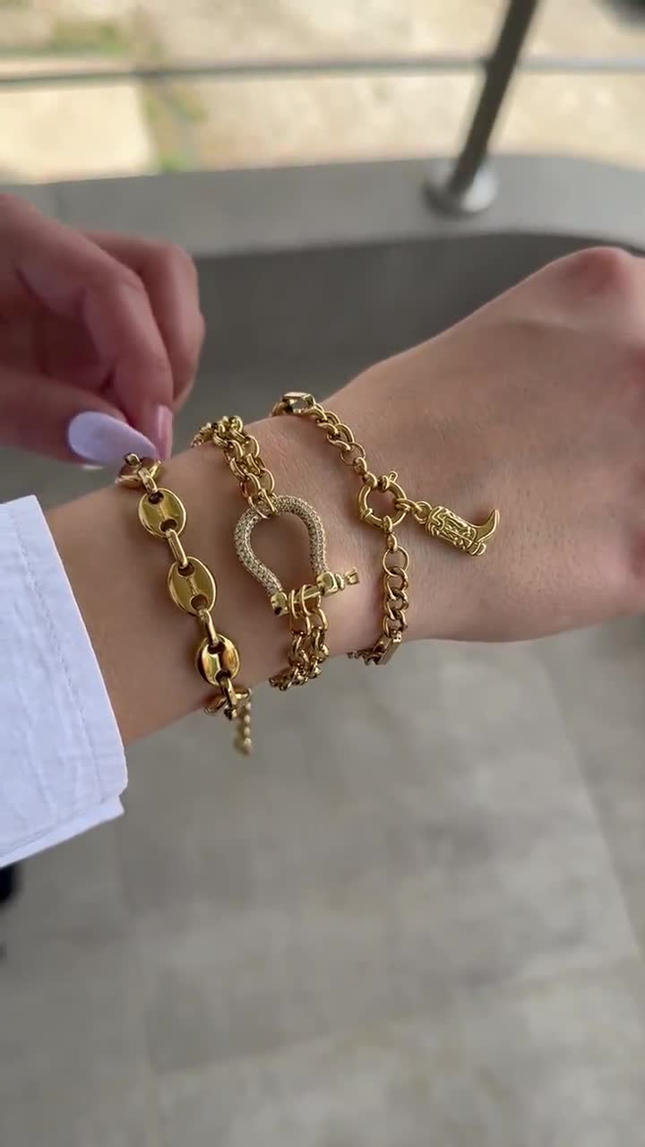 Gold Cowboy Boot Charm Bracelet, Chunky Link Chain Bracelet
