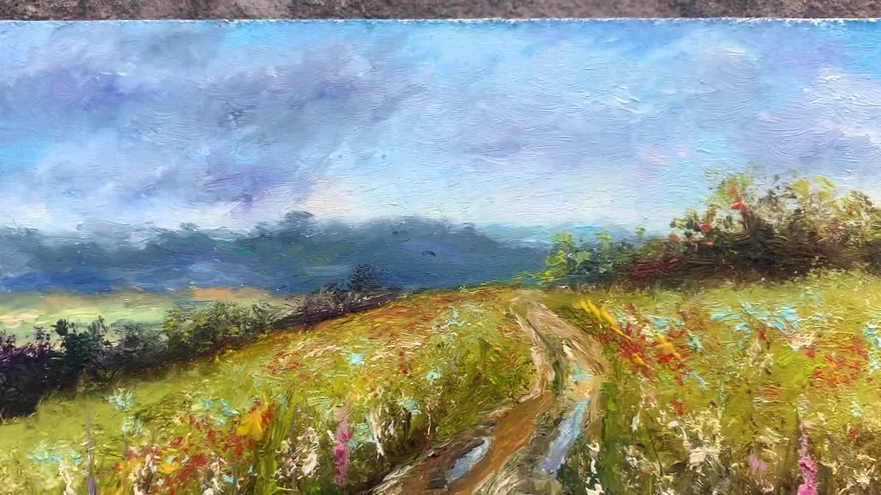 野花のある未舗装道路 油絵 風景画 ミニチュア 田舎 田舎風 牧草地