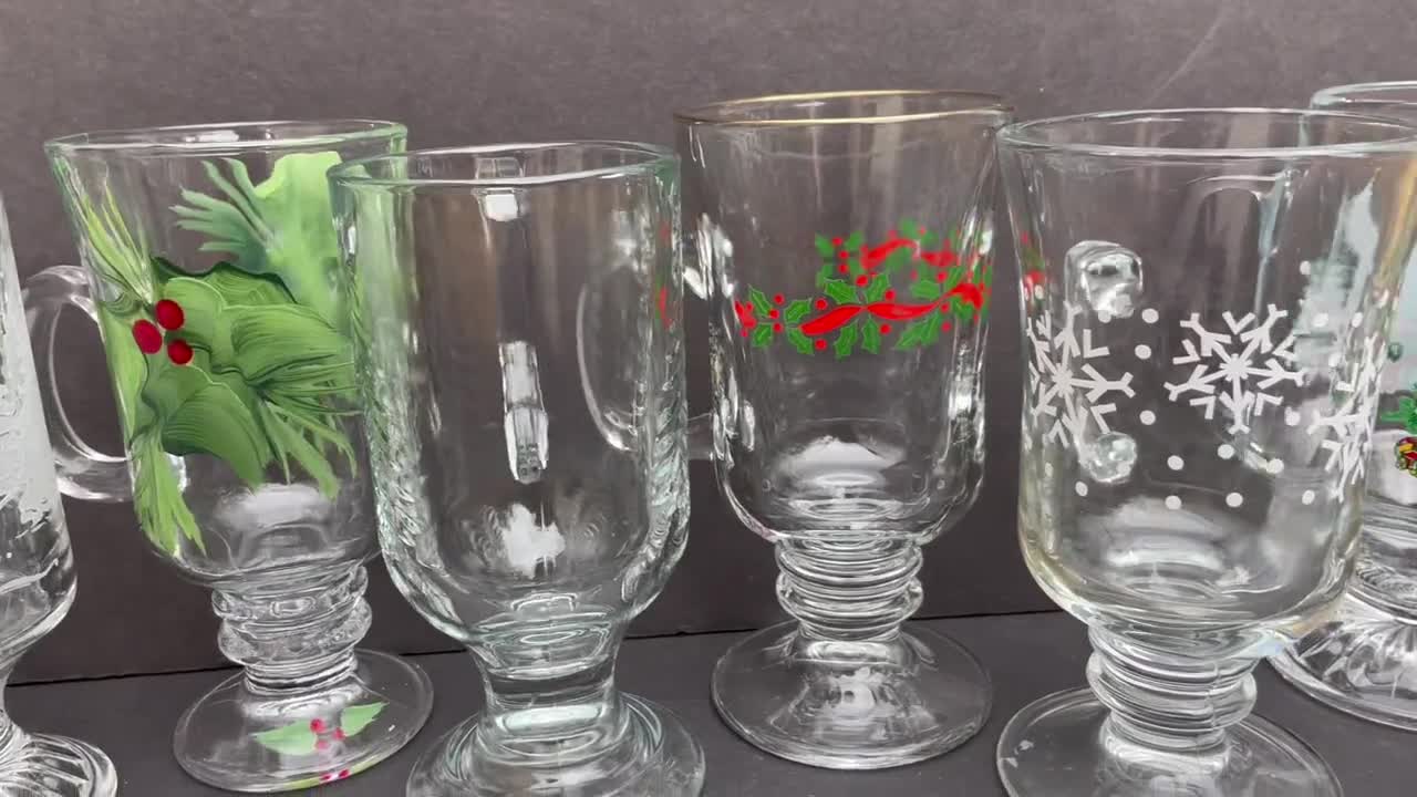 Set of Six 6 Mismatched Glass Hot Toddy Glasses Christmas Themed Irish  Coffee Glasses Glass Coffee Mug Footed Glass Mug With Handle 