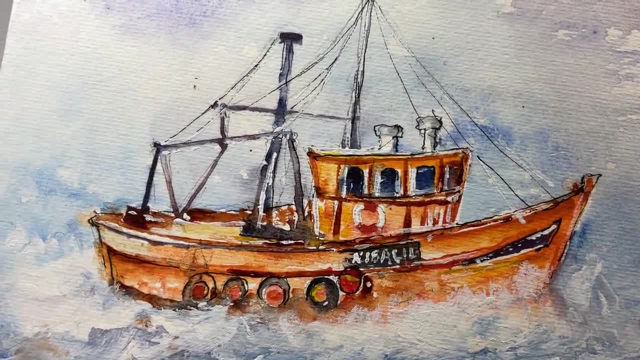 外洋に浮かぶカラフルな漁船の絵画、漁船の水彩画、海の風景、海の