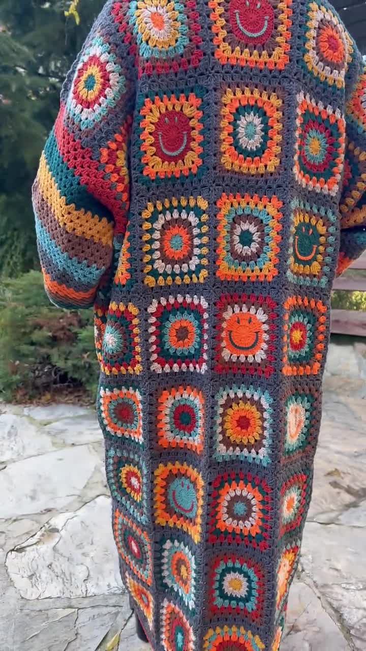 Plus Size Cardigan, Crochet Jacket, Granny Square Coat, Knit Long