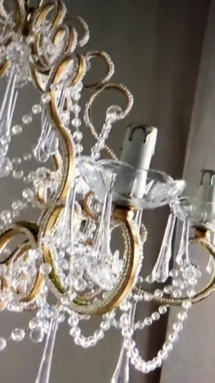 Made in Italy 24 kt gold leaf crystal chandelier, birdcage chandelier, antique style 6 lights, clear Murano drops beads crystal swags video poster