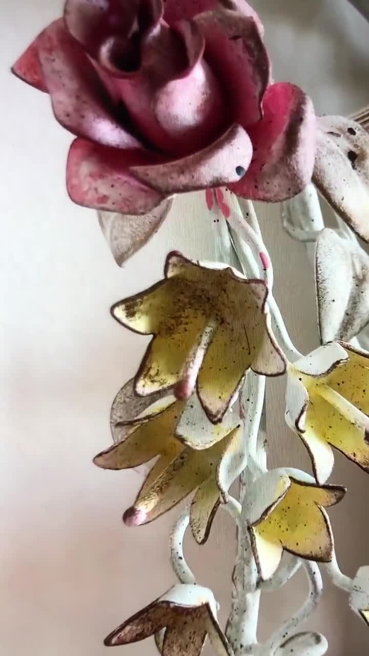 Applique Murale 2 Lumières Fer Forgé Rouge - Déco Fleurs Et Feuilles De Rose, Art Italien